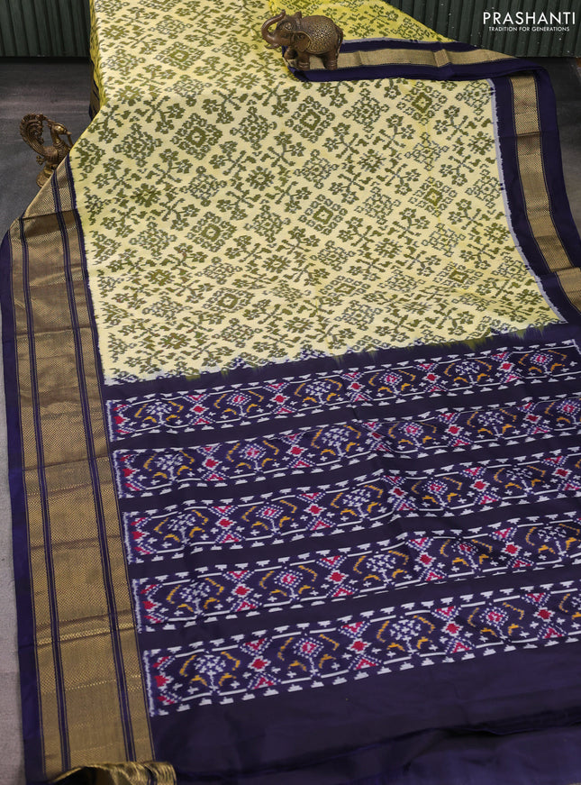 Pochampally silk saree pale yellow and navy blue with allover ikat weaves and zari woven border