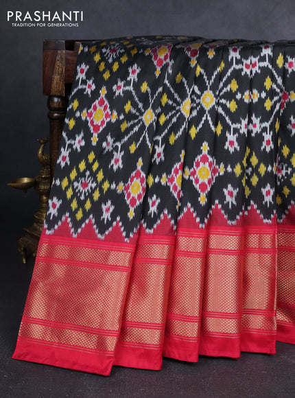 Pochampally silk saree black and pink with allover ikat weaves and temple design long zari woven border