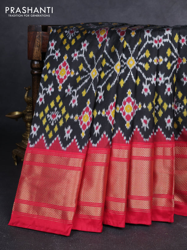 Pochampally silk saree black and pink with allover ikat weaves and temple design long zari woven border