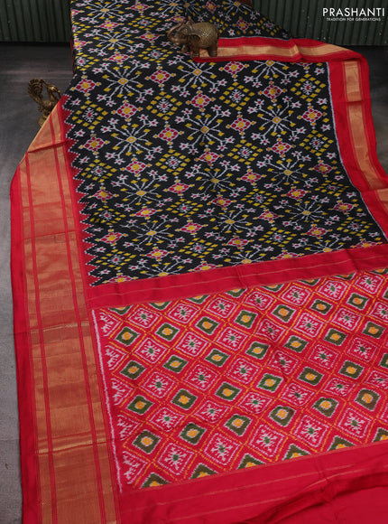 Pochampally silk saree black and pink with allover ikat weaves and temple design long zari woven border