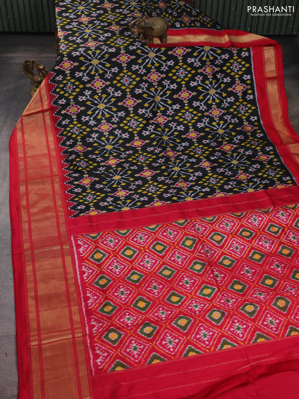 Pochampally silk saree black and pink with allover ikat weaves and temple design long zari woven border
