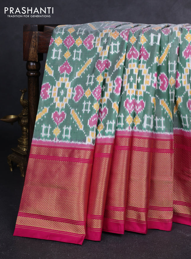 Pochampally silk saree green and pink with allover ikat weaves and long zari woven border
