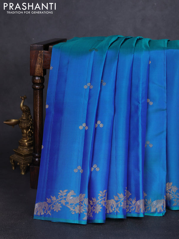 Pure kanchipuram silk saree dual shade of bluish green with zari woven buttas and zari woven border
