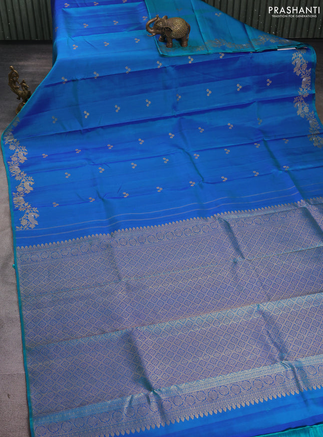 Pure kanchipuram silk saree dual shade of bluish green with zari woven buttas and zari woven border