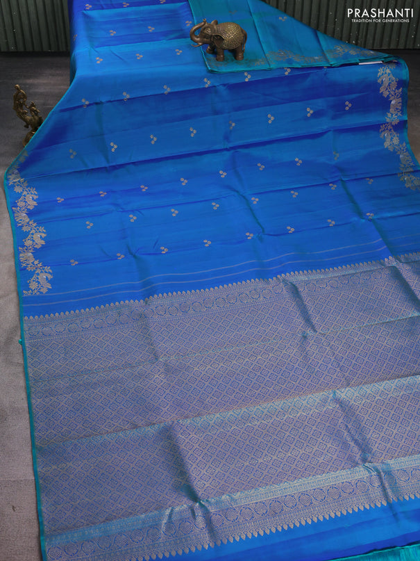 Pure kanchipuram silk saree dual shade of bluish green with zari woven buttas and zari woven border