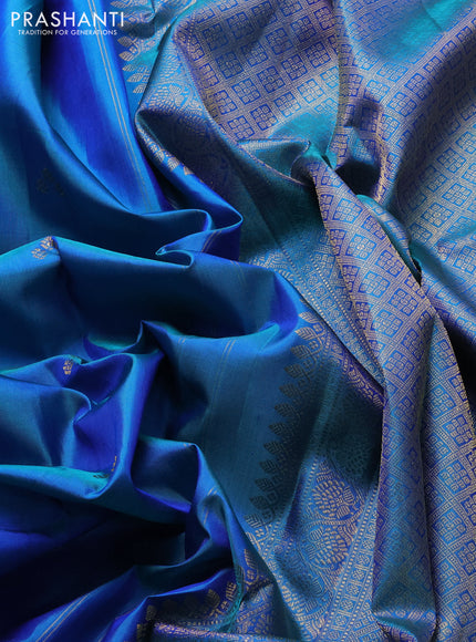 Pure kanchipuram silk saree dual shade of bluish green with zari woven buttas and zari woven border