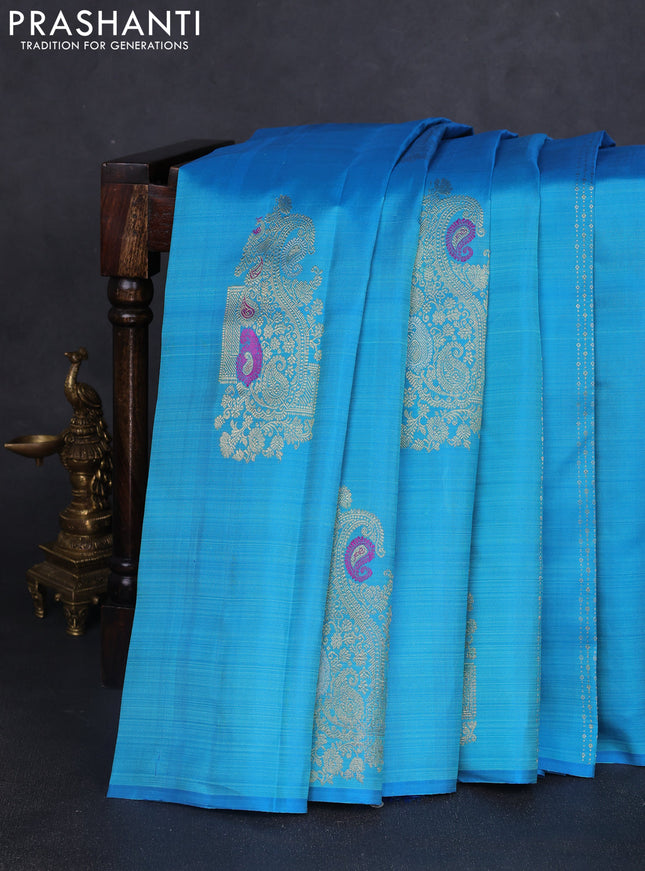 Pure kanchipuram silk saree cs blue and pink with allover zari weaves & buttas in borderless style