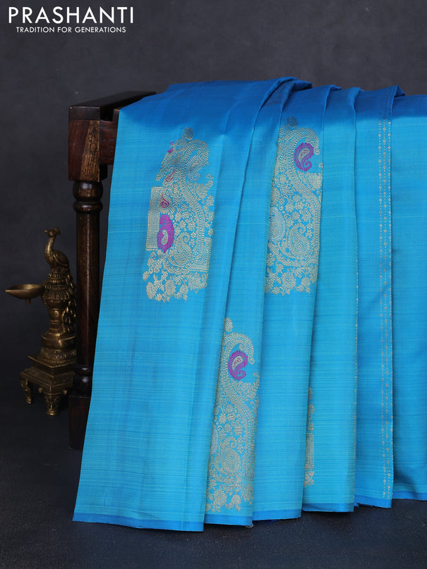 Pure kanchipuram silk saree cs blue and pink with allover zari weaves & buttas in borderless style