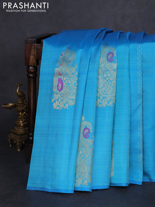Pure kanchipuram silk saree cs blue and pink with allover zari weaves & buttas in borderless style
