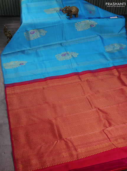 Pure kanchipuram silk saree cs blue and pink with allover zari weaves & buttas in borderless style