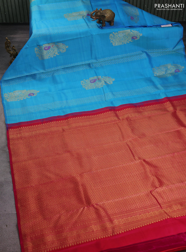 Pure kanchipuram silk saree cs blue and pink with allover zari weaves & buttas in borderless style