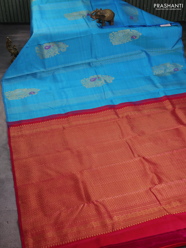 Pure kanchipuram silk saree cs blue and pink with allover zari weaves & buttas in borderless style