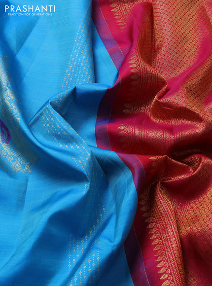 Pure kanchipuram silk saree cs blue and pink with allover zari weaves & buttas in borderless style