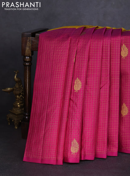 Pure kanchipuram silk saree mango yellow and pink with half & half style and long zari woven border
