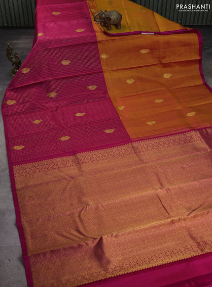 Pure kanchipuram silk saree mango yellow and pink with half & half style and long zari woven border