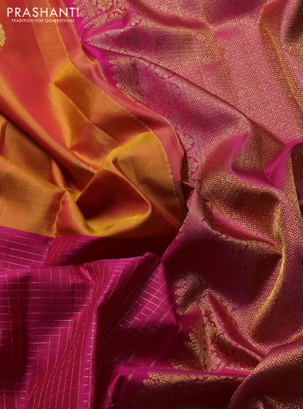 Pure kanchipuram silk saree mango yellow and pink with half & half style and long zari woven border