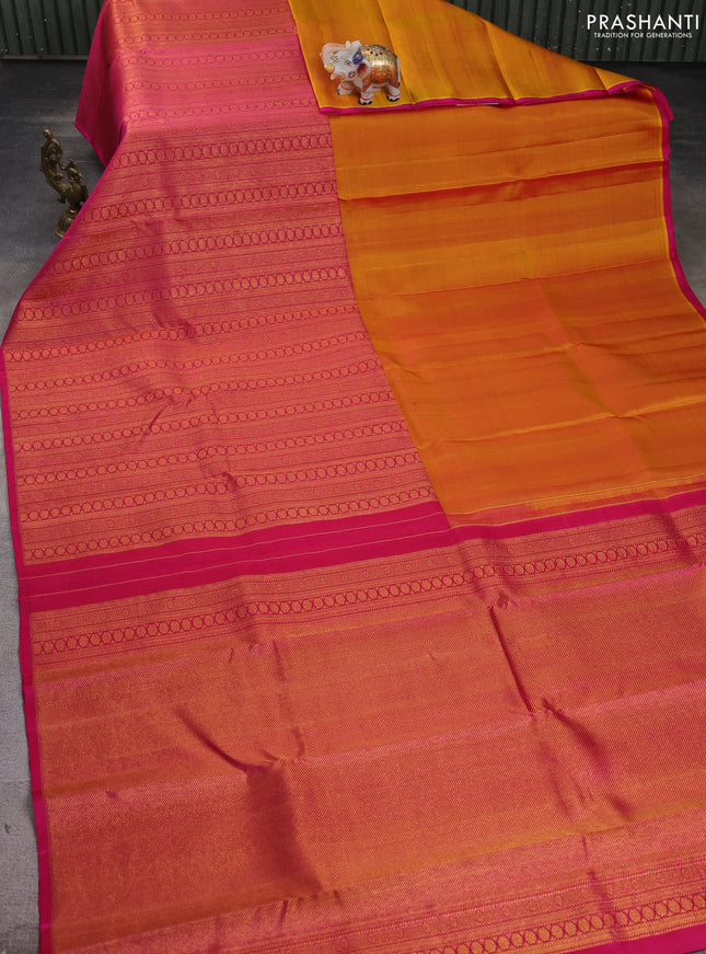Pure kanchipuram silk saree mustard yellow and pink with half & half style and long zari woven border