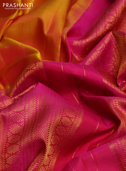Pure kanchipuram silk saree mustard yellow and pink with half & half style and long zari woven border