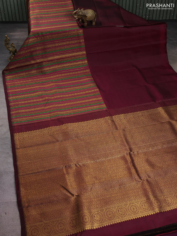Pure kanchipuram silk saree wine shade with half & half style and long zari woven border