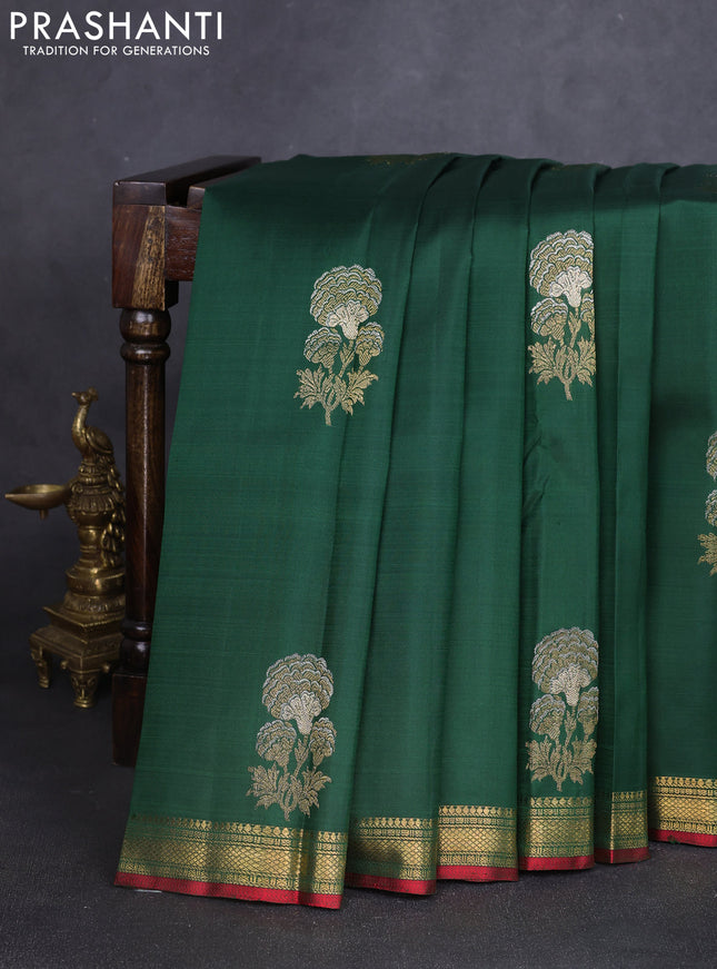 Pure kanchipuram silk saree bottle green and red with floral zari woven buttas and rich zari woven border