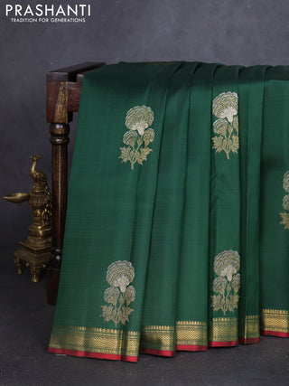Pure kanchipuram silk saree bottle green and red with floral zari woven buttas and rich zari woven border