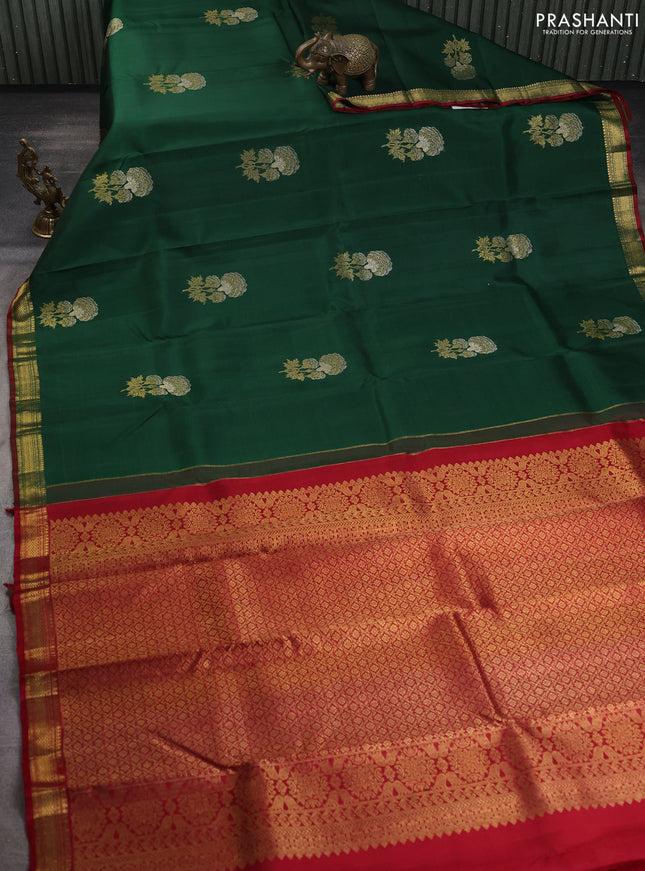 Pure kanchipuram silk saree bottle green and red with floral zari woven buttas and rich zari woven border
