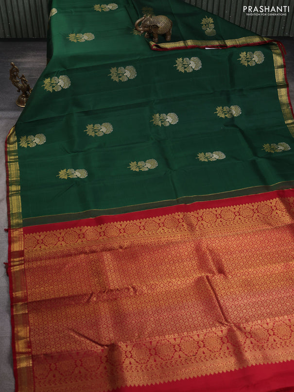 Pure kanchipuram silk saree bottle green and red with floral zari woven buttas and rich zari woven border