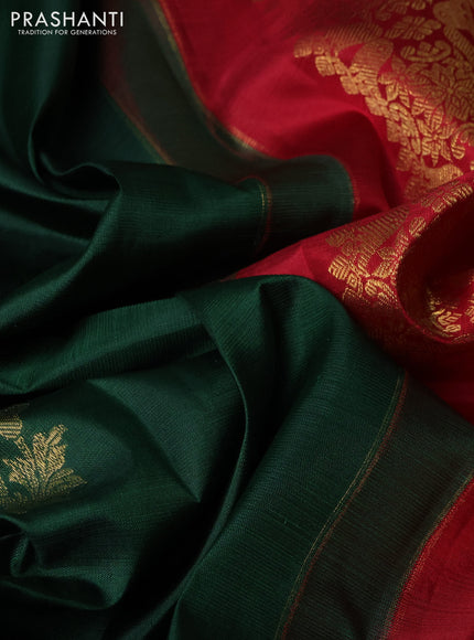 Pure kanchipuram silk saree bottle green and red with floral zari woven buttas and rich zari woven border