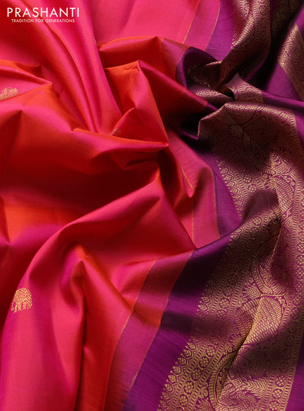 Pure kanchipuram silk saree dual shade of pinkish orange and purple with zari woven buttas and rich zari woven border