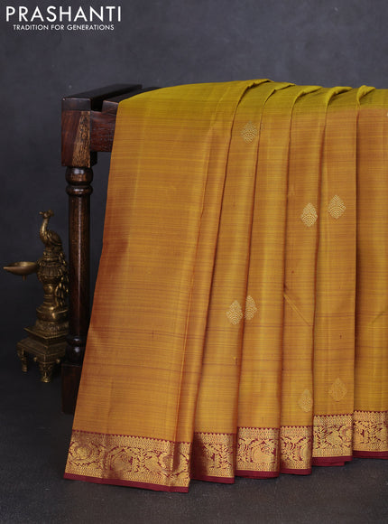 Pure kanchipuram silk saree mehendi green and deep maroon with zari woven buttas and rich zari woven border