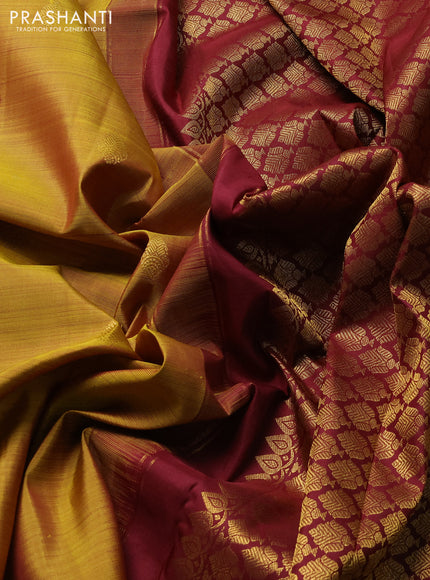 Pure kanchipuram silk saree mehendi green and deep maroon with zari woven buttas and rich zari woven border