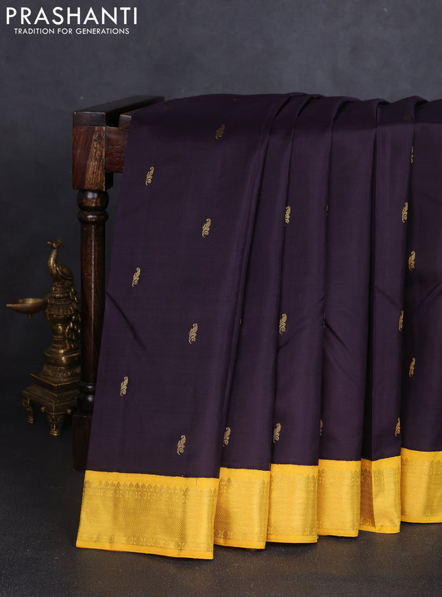 Pure kanchipuram silk saree deep jamun shade and yellow with zari woven buttas and zari woven korvai border