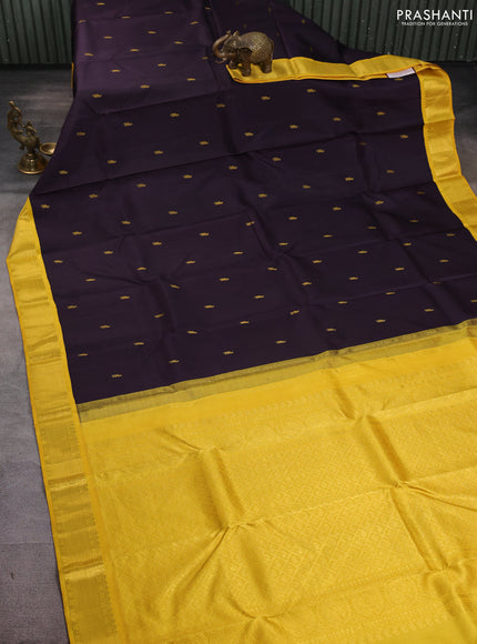 Pure kanchipuram silk saree deep jamun shade and yellow with zari woven buttas and zari woven korvai border