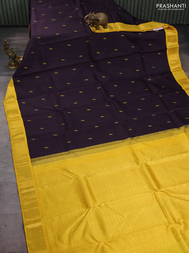 Pure kanchipuram silk saree deep jamun shade and yellow with zari woven buttas and zari woven korvai border