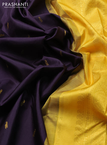 Pure kanchipuram silk saree deep jamun shade and yellow with zari woven buttas and zari woven korvai border