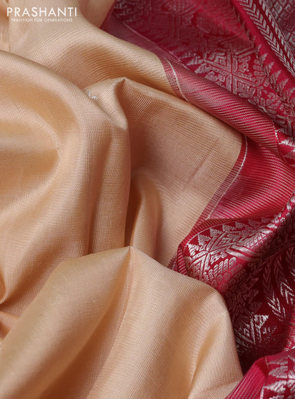 Pure kanchipuram silk saree beige and maroon with silver zari woven buttas and thread & zari woven border