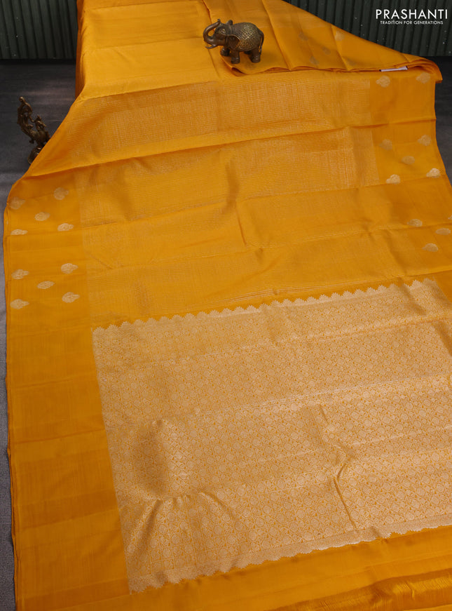 Pure kanchipuram silk saree mustard yellow with allover small zari checked pattern and rich zari woven butta border