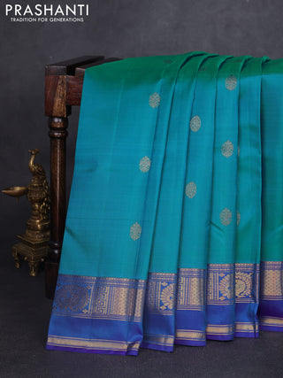 Pure kanchipuram silk saree teal blue shade and blue with zari woven buttas and rettapet zari woven border