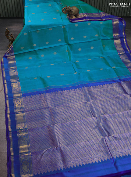 Pure kanchipuram silk saree teal blue shade and blue with zari woven buttas and rettapet zari woven border