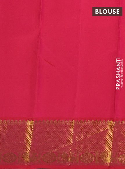 Pure kanchipuram silk saree dual shade of bluish green and dual shade of pinkish orange with paisley zari woven buttas and rich zari woven border