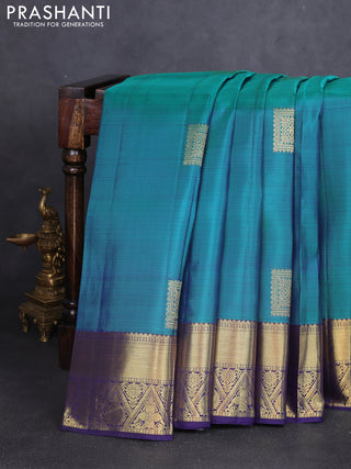 Pure kanchipuram silk saree teal blue shade and dark blue with zari woven buttas and rich zari woven border