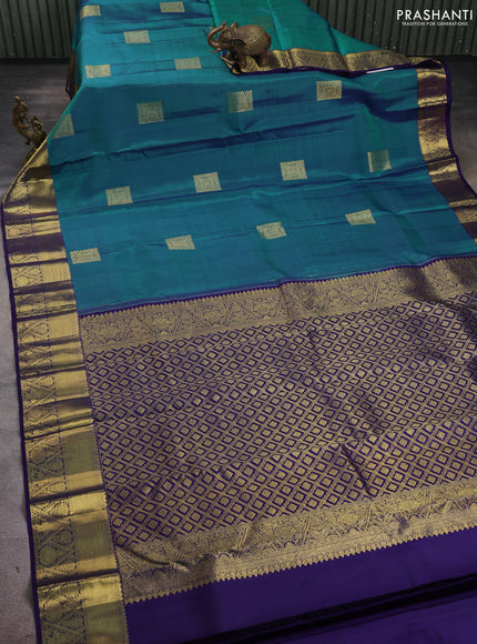 Pure kanchipuram silk saree teal blue shade and dark blue with zari woven buttas and rich zari woven border