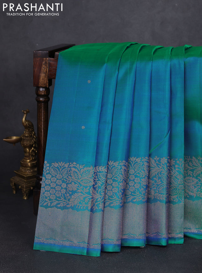 Pure kanchipuram silk saree dual shade of bluish green with zari woven buttas and zari woven border