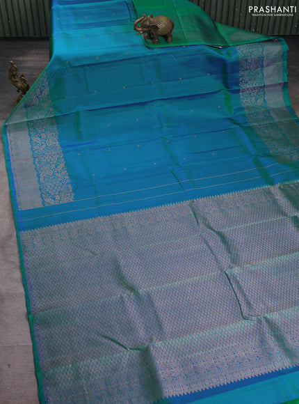Pure kanchipuram silk saree dual shade of bluish green with zari woven buttas and zari woven border
