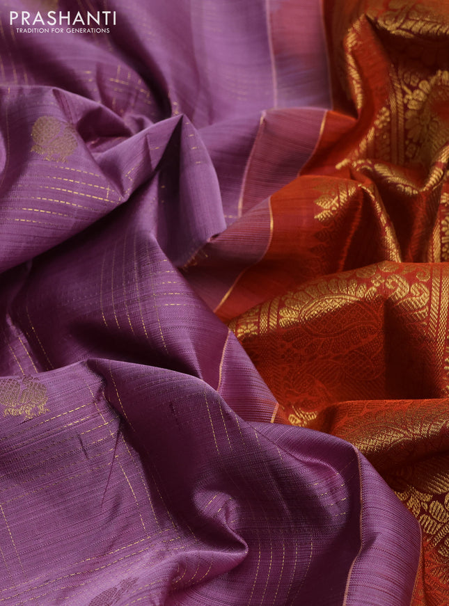 Pure kanchipuram silk saree lavender and rustic orange with allover zari checks & buttas and zari woven border