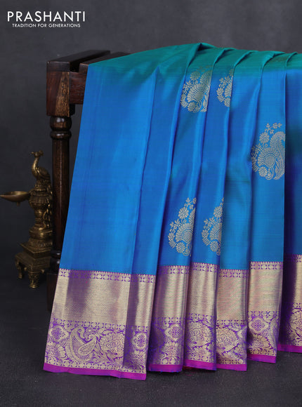 Pure kanchipuram silk saree cs blue and purple with zari woven buttas and rich zari woven border