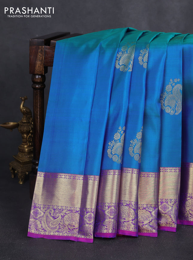 Pure kanchipuram silk saree cs blue and purple with zari woven buttas and rich zari woven border