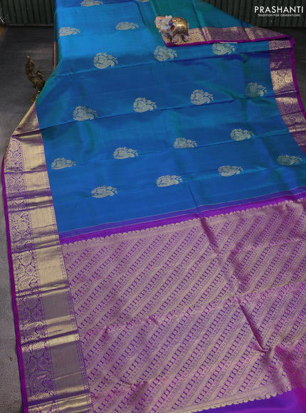 Pure kanchipuram silk saree cs blue and purple with zari woven buttas and rich zari woven border