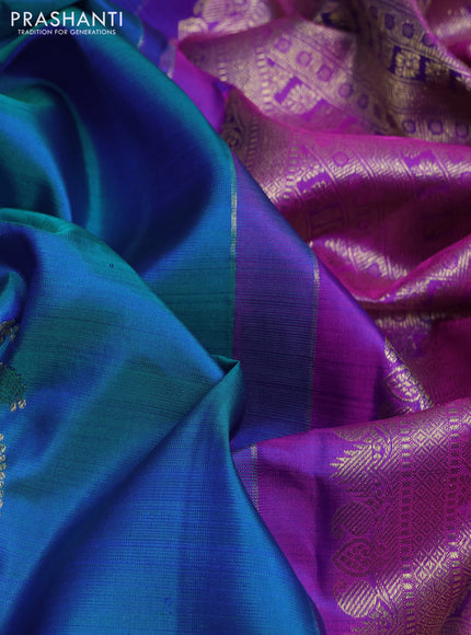 Pure kanchipuram silk saree cs blue and purple with zari woven buttas and rich zari woven border