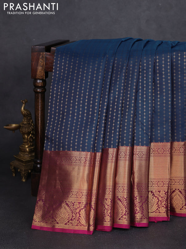 Pure kanchipuram silk saree peacock blue and magenta pink with allover zari weaves and long rich zari woven border